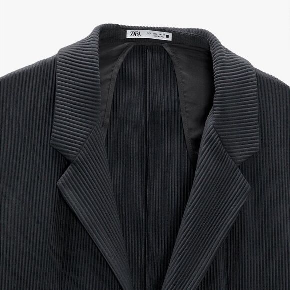 Zara Black Ribbed Oversized Button Front Blazer, Size Medium - Picture 3 of 11
